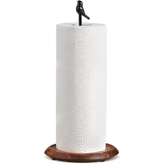 Küchenrollenhalter Holz im Landhausstil | Stehender Halter für Küchenrolle mit Vogel-Dekor | Küchenpapierhalter Schwarz für Arbeitsplatte