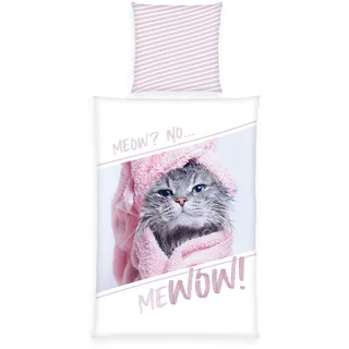 Herding Bettwäsche Katze, Kopfkissenbezug 80 x 80 cm mit Wende-Motiv, Bettbezug 135 x 200 cm, Mit Knopfleiste, 100% Baumwolle