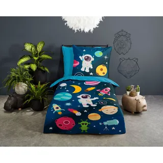 PURE luxury collection Kinderbettwäsche »Planets«, 135x200, Pflegeleicht, Reißverschluss, Wende, Kind Junge, Weltall Blau, blau