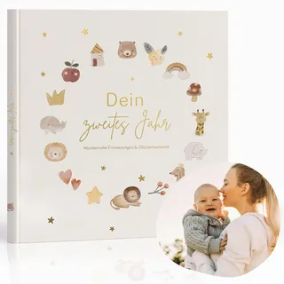 MeinBaby123® Babyalbum Dein 2tes Jahr hochwertig vergoldet | Geschenk erster Geburtstag | Geschenkt 1. Geburtstag | Meilensteine im zweiten Lebensjahr (beige)