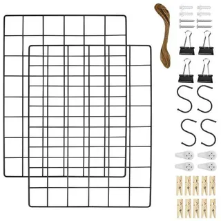 Ibenzoa® Wandgitter 2×30×40 cm schwarz – Metall‐Wandorganizer mit 10 Holzklammern, 4 Klemmen (25 mm), 4 S‐Haken, 4 Nägel, 4 Schrauben & 10 m Hanfseil - Schwarz