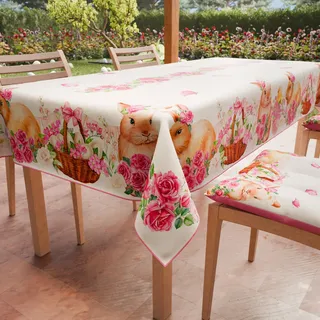 Petti Artigiani Italiani - Tischdecke für Ostern, schmutzabweisend, quadratisch, für die Küche, Design Pink Bunny, X4 Plätze (140 x 140 cm), 100% Made in Italy