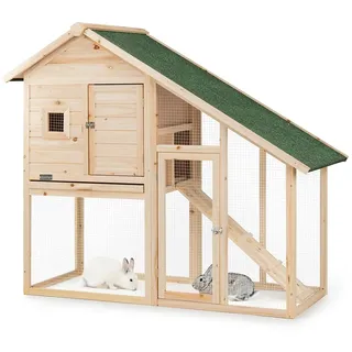lionto Kaninchenstall aus Holz auf Zwei Etagen mit Rampe, 140x65x119 cm, wasserabweisendes Bitumendach & Drahtgitter, Hasenstall Winterfest für draußen mit 2 Eingängen & herausnehmbarer Schublade