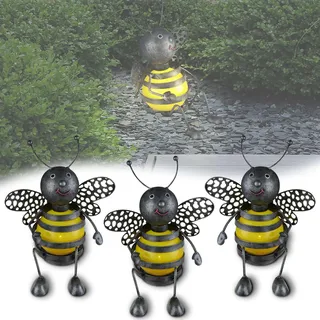 LED Solarlampe 3er Set Solarleuchten Gartenleuchte Metall Biene Außen Deko Kugel - Schwarz, Gelb