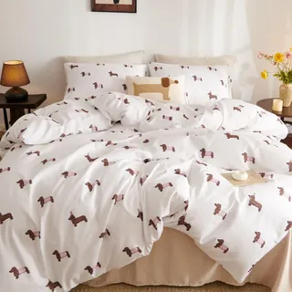 Tospass Dackel Bettwäsche 200x220cm Weiß Rosa Braun Dachshund Mädchen Wendebettwäsche-Set Mikrofaser Hundemuster Deckenbezug Kinder Teen Bettbezug mit Reißverschluss und 2 Kissenbezug 80x80cm