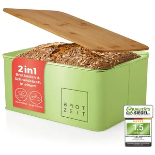 Lumaland Cuisine Brotkasten | Brotdose aus Metall mit Bambus Deckel | Brotbox rechteckig 30,5 x 23,5 x 14 cm | 2in1 Brotbehälter & Schneidebrett [Mintgrün]