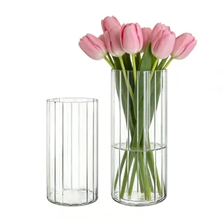 Koelaa 2er-Set Acrylvasen Transparent – Bruchsichere Kunststoff-Zylindervasen, Geriffelte Design Vasen Klar für Hochzeit, Tischdeko, Blumenarrangements, Wohnzimmer, Büro (10x25 & 12x35cm)