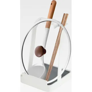 Topfdeckelhalter, Kochlöffelhalter mit Kochlöffelablage, Metall Küchenorganizer für Deckel, Holzlöffel, Essstäbchen, Pfannenwender, Kochbücher, Tablets, waschbar, weiß - Weiß