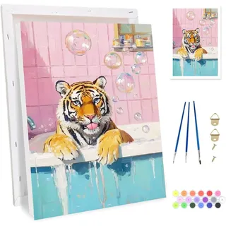 Bowetile Badezimmer Tiger Malen Nach Zahlen mit Rahmen für Erwachsene, Tiere Zahlenmalerei Set mit Holzstaffelei Anfänger Leinwand Kit, Gemäide Bastelset auf Leinwand für Home Decor 20x30cm