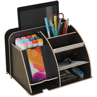 NUODWELL Schreibtisch-Organizer aus Holz mit Telefon-Dockingstation, Büro-Schreibtisch-Organizer, Stifthalter, Aufbewahrungsbox, Schreibtischzubehör (schwarz)