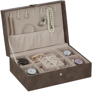 Relaxdays Schmuckkästchen, Lederoptik, Samt, Schmuckkasten für Damen & Herren, HxBxT: 10 x 29 x 20 cm, Schmuckbox, braun
