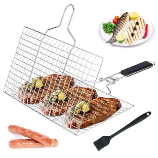FZYCOM Grillkorb Fischbräter, Faltbarer BBQ Grillkorb Fischbräter, Edelstahl Barbecue Grillschale, Tragbar, Rostfreie Zubehör Körbe zum Grillen, Grillwerkzeug für Fisch und Gemüse mit Silikonbürste