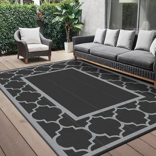 GENIMO Outdoor Teppich Wetterfest 180 x 275 cm, Balkonteppich Wasserfest für Terrasse, Gartenteppich Beidseitig Kunststoff, Aussenteppich in 5 Größen, Schwarz & Grau Morocco Spalier
