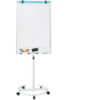 FANTASK Flipchart Ständer, 100x65cm, Mobiles Whiteboard auf Rollen, höhenverstellbar bis 192cm, trocken abwischbar, magnetisch, Flip Chart mit rundem Ständer, Magneten, Markern & Radierer, Weiß