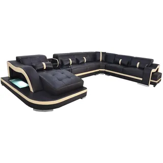 Leder Couch Polster Sitz Wohnlandschaft Modern Garnitur Sofa mit USB U Form LED - Schwarz