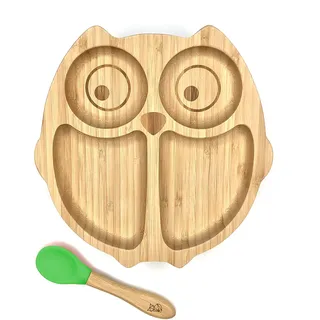 Kleiner Fuchs Hochwertiges Bambus Teller mit Saugnapf, Rutschfestem Saugnapf mit passendem Baby Löffel Macht Mahlzeiten Spaß, Bambus Geschirr Set mit Geschenkbox - Essenlernen mit Eule Design