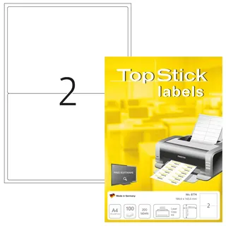 Topstick 8774 Universal Etiketten, 100 Blatt, 199,6 x 143,5 mm, 2 pro A4 Bogen, 200 Stück, selbstklebend, bedruckbar, matt, blanko Papier Klebeetiketten Aufkleber, weiß