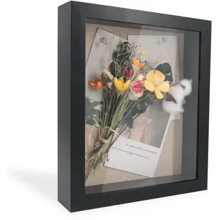 GraduationMall 3D Bilderrahmen Tief Objektrahmen 20x25 cm Schwarzen mit Glasscheibe zum Befüllen für Blumen Medaillen Tickets Wand Tischrahmen Schwarz