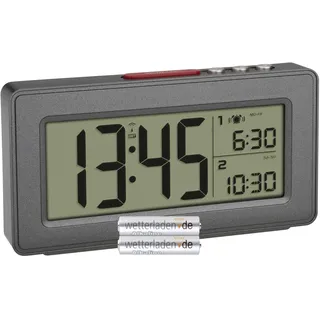 TFA Dostmann Digitaler Funk-Wecker mit 2 Weckzeiten, 60.2563, mit Wochenend Modus, Anzeige von Datum und Wochentag, Hintergrundbeleuchtung, Zeitzonen, Schlummerfunktion (Anthrazit mit Batterien)