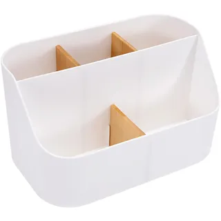 Schreibtisch Organizer Fernbedienung Halter mit 5 Holz Fächer Büro Bleistifthalter Desktop Aufbewahrungsbox für Stifte Schere Gläser Fernbedienung Weiß