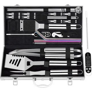 Aluminium-Grill-Set für Männer, 26-teiliges Grill-Set mit Zylinder aus Aluminium in Koffer für Geburtstagsgeschenk - Silber