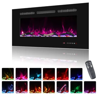 Oxhark Flame Elektrokamin Wandmontage, 13 Farbmodi LED flammeneffekt, 92 cm Kamin Heizung Glas-Touchscreen und Fernbedienung,1500W(36")