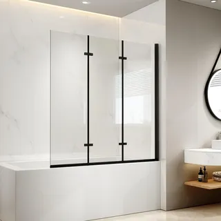 EMKE Duschwand für Badewanne 130x140 cm Schwarz, Badewannenaufsatz 3-teilig Faltbar Badewanne Duschwand, Duschtrennwand für Badewanne Badewannenfaltwand 6 mm Sicherheitsglas Duschabtrennung Badewanne