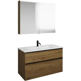 burgbad Eqio Set, bestehend aus Spiegelschrank, Keramik-Waschtisch Slim und Waschtischunterschrank, Breite 1020mm, SHCP102F5662C0001G0252, Farbe: Eiche Dekor Urban / Eiche Dekor Urban, Griffleiste