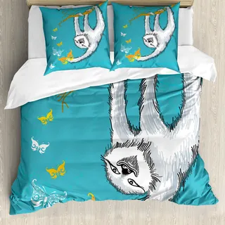 ABAKUHAUS Faultier Bettbezug, Flüchtiger Sloth Schmetterlinge, Milbensicher Allergiker geeignet mit Kissenbezügen, 155 cm x 220 cm - 80 x 80 cm, Teal Pale Grau Orange - Grau