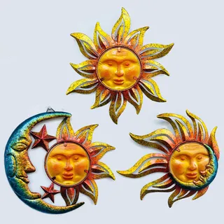 BVLFOOK Sonne Gesicht Metall Wandkunst Dekor Outdoor Indoor Sonne Mond Stern Metall & Glas Hängende Wand Terrasse Dekorationen für Outdoor Wohnzimmer Schlafzimmer Garten Veranda Zaun Balkon 3 Stück