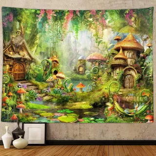 Wandteppich, Motiv: Feenwald, Pilz-Dekor, niedlicher Fantasie, verzauberter Wald, Garten, Wandbehang für Mädchen, Schlafzimmer, Studentenwohnheim, ästhetisch, 152,4 x 101,6 cm, Märchen-Natur