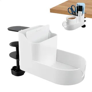 Getränkehalter Tisch, Einstellbar Becherhalter Schreibtisch, 2 in 1 Getränke Halter, Getränkehalter Clip, Tischseitiger Flaschenhalter für Zuhause Büro, 1 Stück, Weiß
