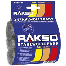 RAKSO Stahlwolle, DIY Polier & Schleifpads fein, mittel, grob - 3 Pads, Schleifschwämme für Holz, Farbe, Metall, Reinigung und Politur