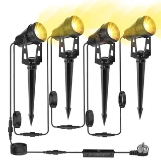 HUAEU Gartenbeleuchtung mit Strom, 4er-Set Gartenstrahler, 14m, IP65, 3000K | Erweiterbare Gartenleuchten mit Strom: 4 Bodenstrahler außen, IP65 wasserdicht, 270°; für Bäume, Wege, Beete & Terrasse