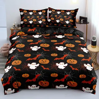 Luowei Halloween Bettwäsche 155x220 - Kürbis Laterne Geist 3D Bettwäsche für Kinder & Teenager - Weich Microfaser - 3-teilig mit Reißverschluss & 2 Kissenbezügen 80x80 cm