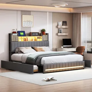 Bett (140 x 190 cm) mit LED- und USB-Kopfteil, 4 Schubladen, Lattenrost, Leinenbezug, Grau - Grau