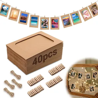 Mbsomnus 40 Stück Fotogirlande 10x15cm Fotoleine mit Klammern Braun | Papier Bilderrahmen, mit 40 Holzklammern, 4 Hanfseil, Karton Fotorahmen 6 Zoll, DIY, Geburtstag, Hochzeit, Party, Wand