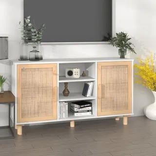vidaXL Sideboard Weiß 105x30x60 cm Massivholz Kiefer und Natur-Rattan - Weiß