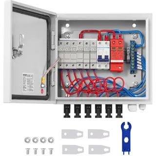 Vevor PV-Combiner-Box, 6-String, Solar-Combiner-Box mit 15 A Nennstromsicherung, 125 A Leistungsschalter, Blitzableiter und Solaranschluss, Stahlgehäuse für On-/Off-Grid-Solarpanelsystem, IP65