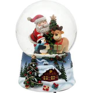 Dekohelden24 Schneekugel - Santa mit Rentier und Pinguin - auf blauem Sockel mit Weihnachtliche Winterlandschaft und Spielwerk, Melodie: White Christmas, Maße H/B/Ø Kugel: 14,5 x 10,5 cm Ø 10 cm
