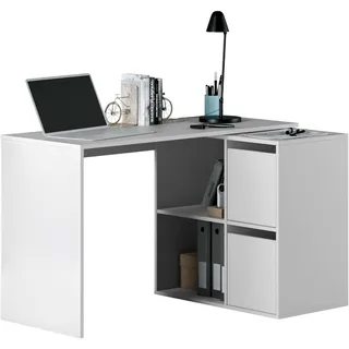 Habitdesign, Schreibtisch – Flexibler Bürotisch in Artik Weiß mit großem Stauraum, Multi Positionen als Ecktisch oder länglich aufstellbar, Maße: 120-152 x 74 x 77-49 cm (B x H x T), Modell Adapta