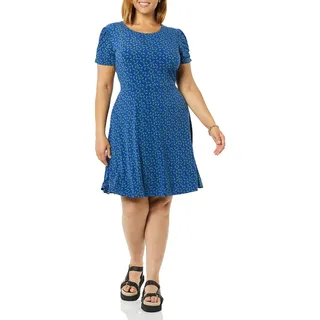 Amazon Essentials Damen Gerafftes A-Linien-Kleid mit kurzen Ärmeln und Rundhalsausschnitt (in Übergröße erhältlich), Kräftiges Blau Floral, XXL