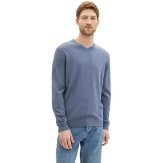 TOM TAILOR V-Ausschnitt-Pullover mit kleiner Logo-Stickerei, vintage indigo blau melange