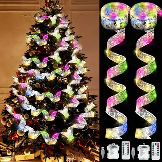 YeahBoom 2 Stück Weihnachtsband Lichter,2×6m 120 LED Band Weihnachtsbeleuchtung,Bänder Lichterketten,Batteriebetriebene Weihnachtslichterkette für Party,Innen und Außenbereich Weihnachtsdekoration
