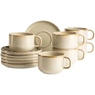 MÄSER Serie Cordelia, Kaffeetassen Set für 6 Personen aus hochwertigem Steinzeug, 12-teiliges Kaffeeservice aus 6 Tassen und 6 Untertassen; Steinzeug, Sand