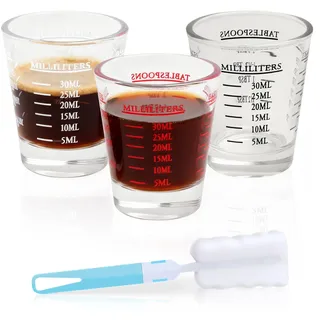 Mispudin 30ml Schnapsgläser 3er Set, Messbecher Glas Klein mit Skala, Bürste, Espresso Messbecher Shotglas für Cocktail, Tequila, Wodka, Kaffee, Küche (Schwarz, Weiß, Rot)