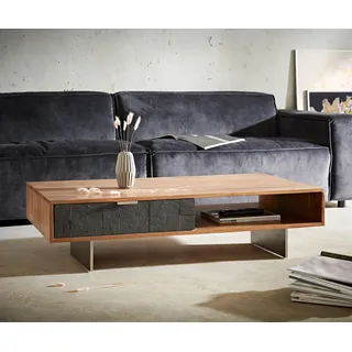 DELIFE Couchtisch Teele 115x60 cm Akazie Natur Schiefer 2 Schubfächer Fuß schwebend Edelstahl - Hellbraun, Braun