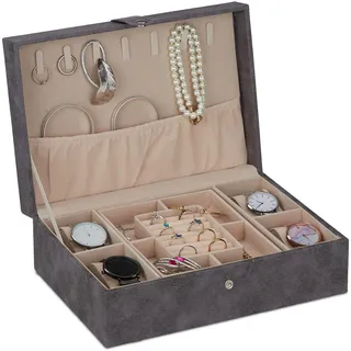 Relaxdays Schmuckkästchen, Lederoptik, grau