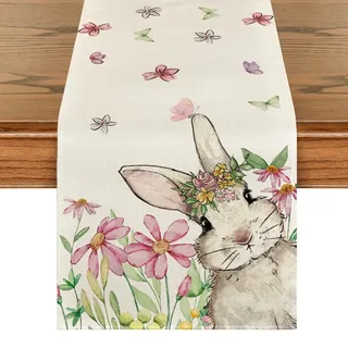 Artoid Mode Rosa Blumen Hase Ostern Tischläufer, Saisonnal Frühling Waschbar Küche Esstisch Dekoration Drinnen Urlaub Party Dekor 40x140 cm