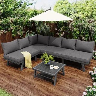 Flieks Gartenmöbel Sets 3-tlg, Balkonmöbel Sets für 6 Personen, Gartenlounge Set mit Gartentisch, Loungeset Sitzgruppe aus Aluminium, Grau - Grau
